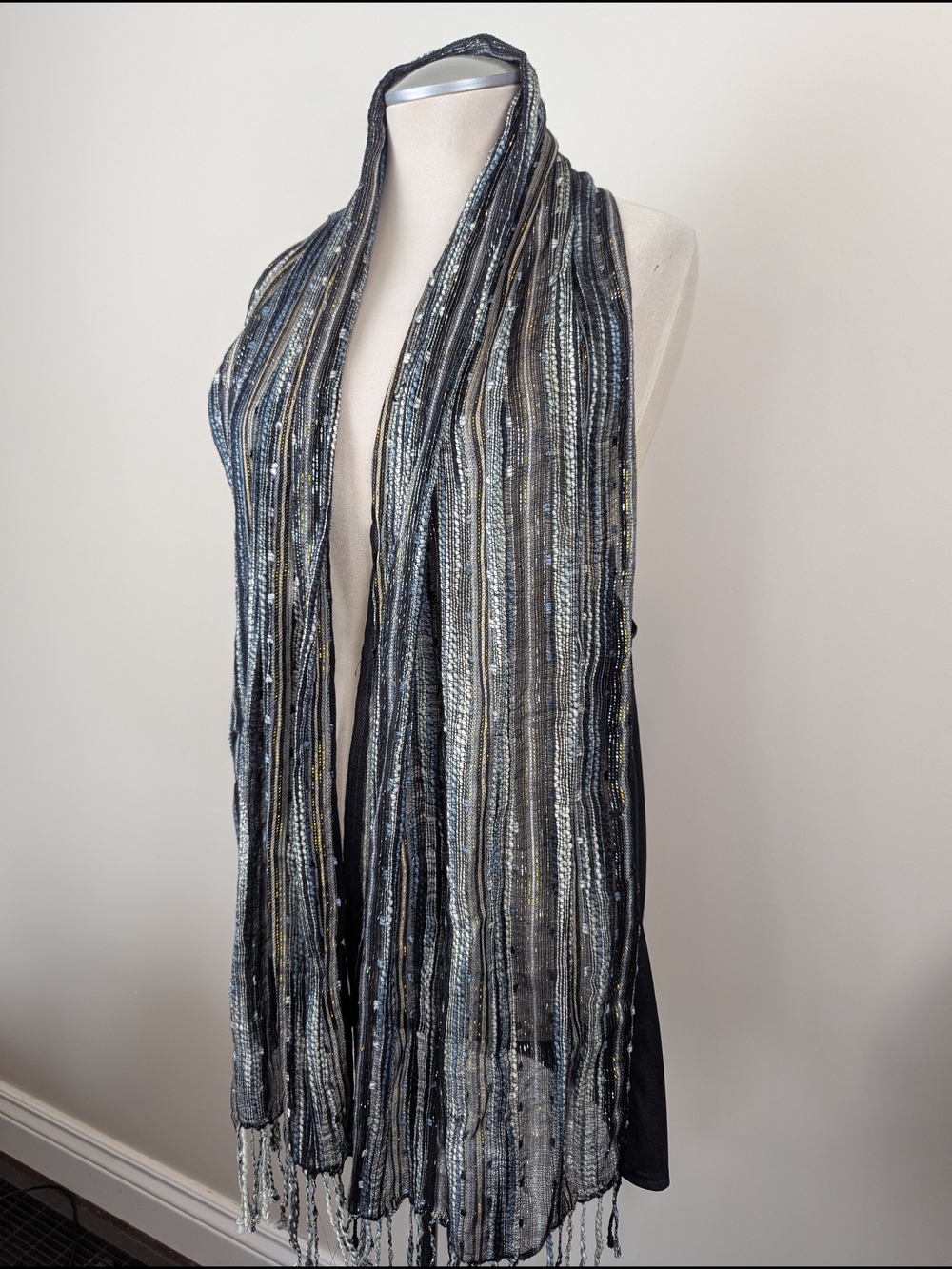 Swim Chuck Handy Women’s Metallic Stripe Swim Coverup- Black, Blue,Gold W/Fringe
